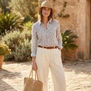 Boden 100% Premium Linen Small Print Floral Paisley Collared Shirt Button Front